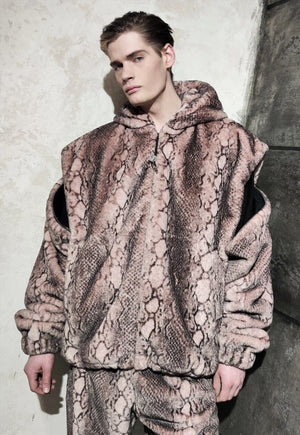 Faux fur snake coat hand made python fleece bomber in pink