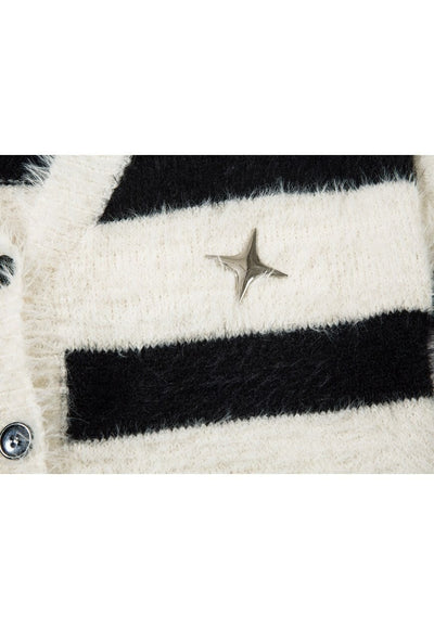 Fluffy striped cardigan fuzzy zebra jumper knitted top white