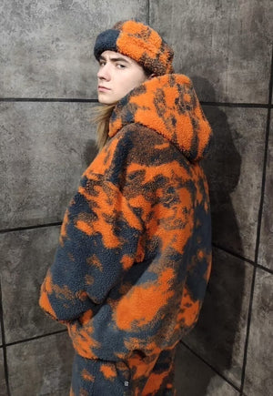 Tie-dye fleece bomber handmade gradient hood jacket orange