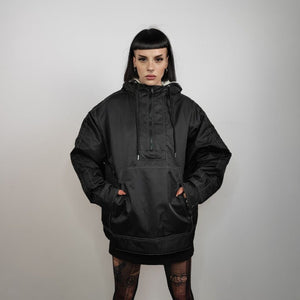 Raised neck bomber jacket fleece windbreaker hooded nylon coat half zip pullover grunge utility coat unisex premium motorcycle coat in black