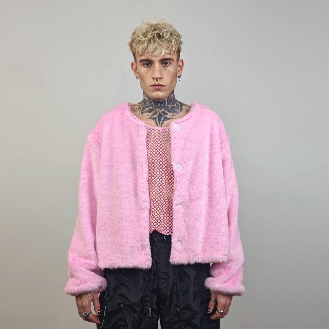 Collarless faux fur coat pastel pink fuzzy trench hairy crop jacket detachable sleeves handmade fluffy party overcoat fluffy festival set