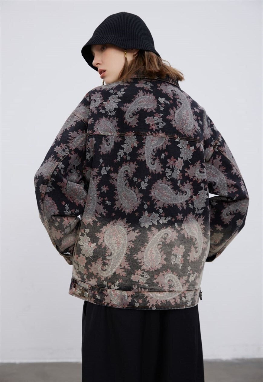 Paisley denim jacket tie-dye Floral jean blazer in brown
