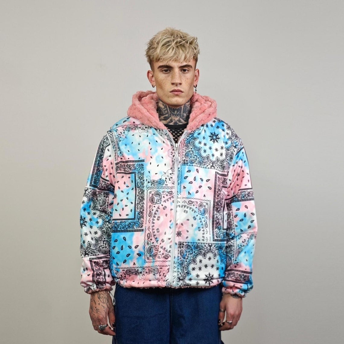 Pink paisley jacket reversible fleece hood bandanna bomber retro geometric cashew coat detachable sleeve overcoat fluffy tiedye festival set