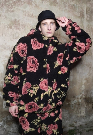 Floral fleece bomber handmade 2 in 1 rose jacket in black