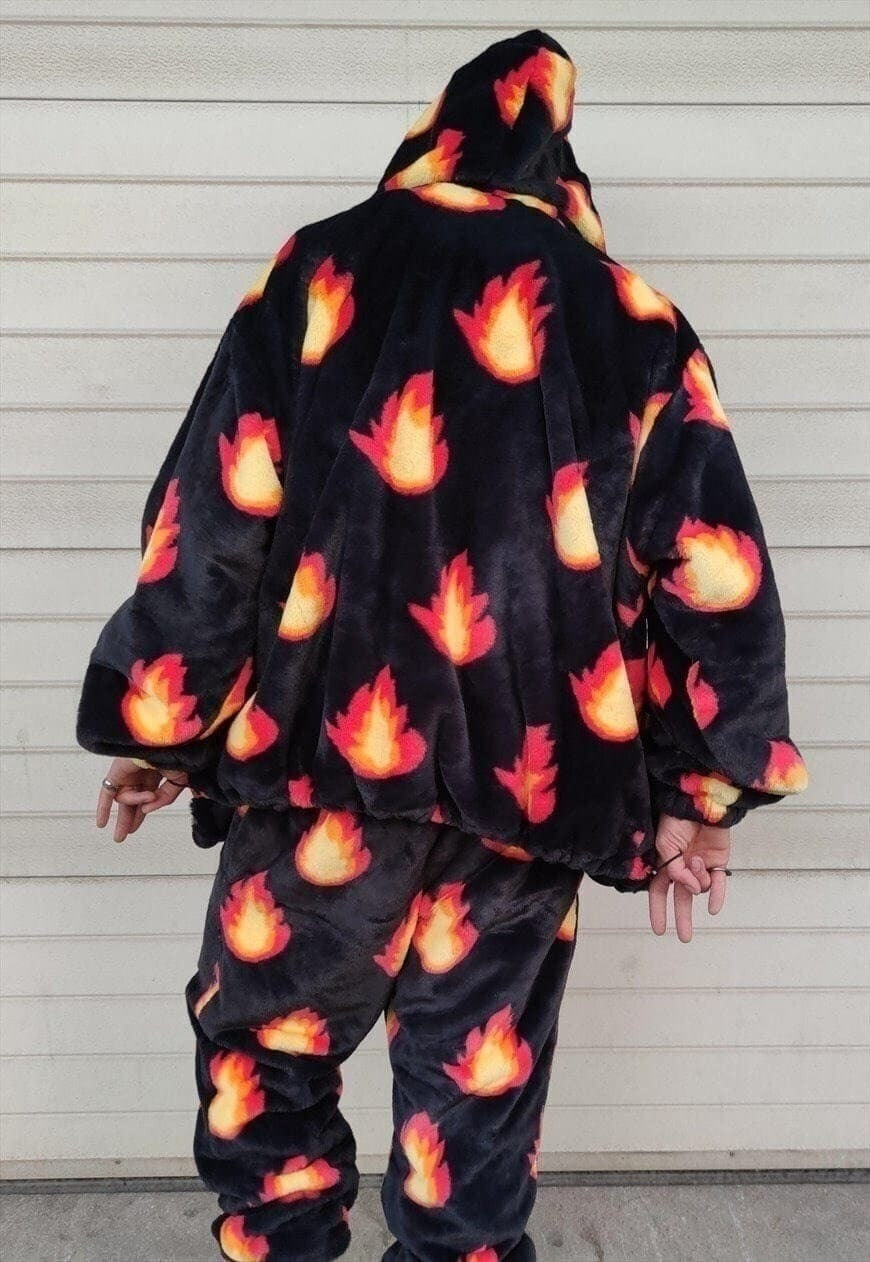 Flame fleece jacket hand made fire bolt hood bomber in black