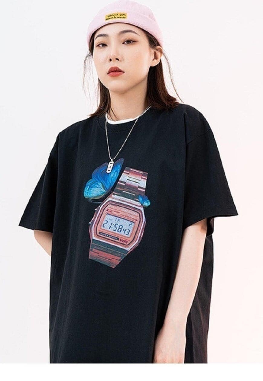 Retro watch t-shirt grunge tee butterfly top in black