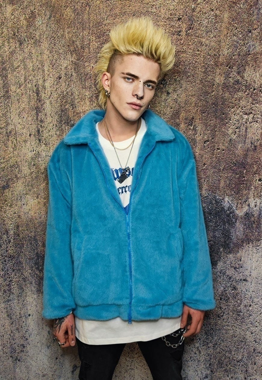 Fleece aviator jacket faux fur fluffy soft coat in sky blue