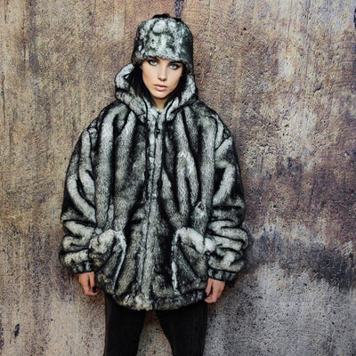 Faux fur luxury jacket handmade premium fleece jacket fluffy hooded coat grunge bomber tie-dye puffer in vintage acid grey