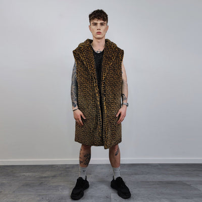 Geometric fleece coat longline Arabic pattern trench glam overcoat going out bomber festival jacket Coachella customizable peacoat brown