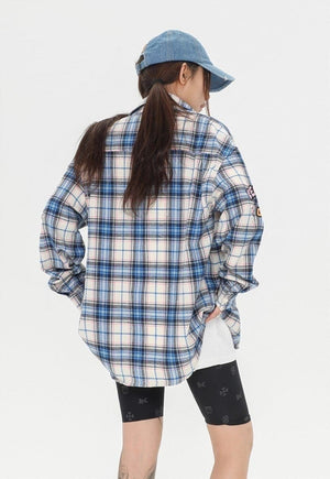 Retro check shirt long sleeve vintage wash top in blue