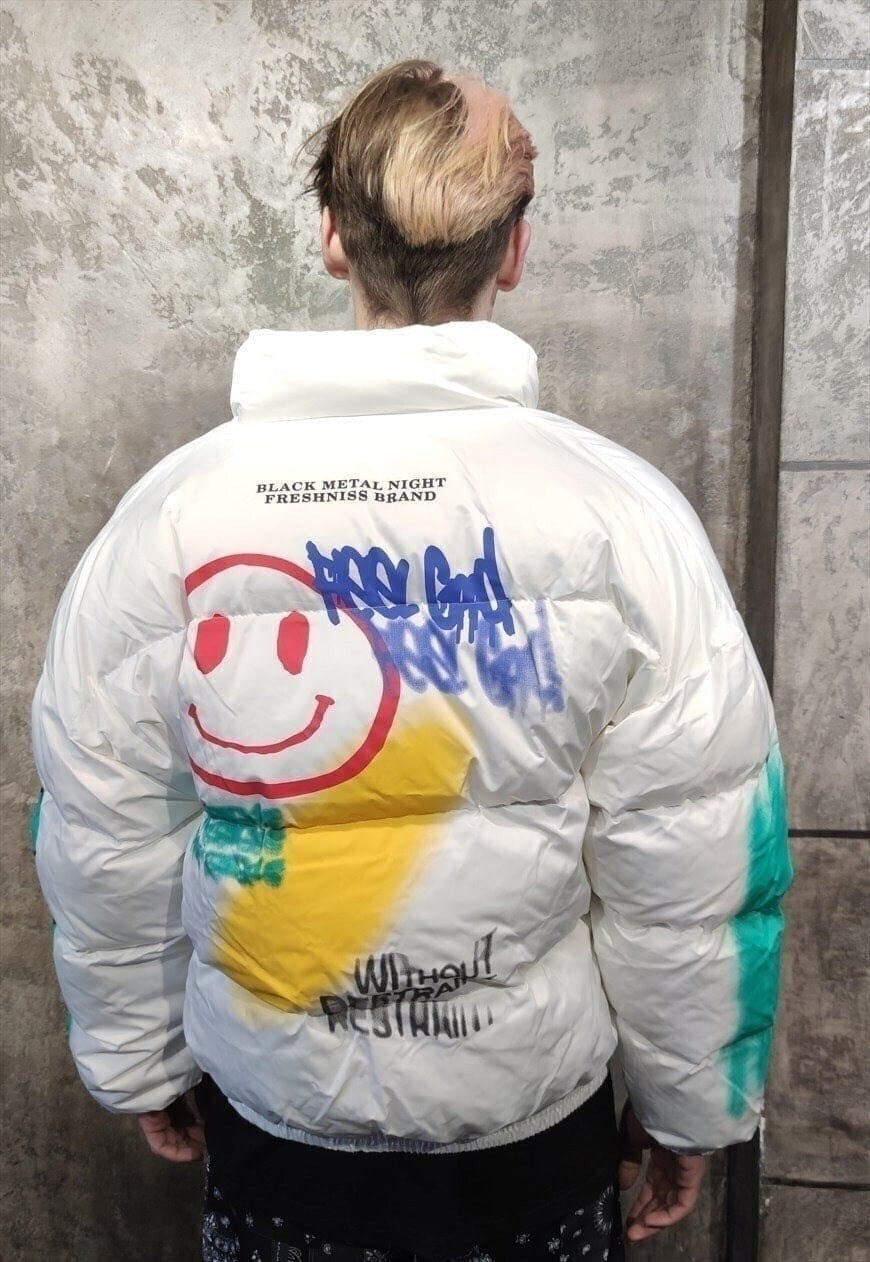 Graffiti print bomber emoji print jacket smile puffer white