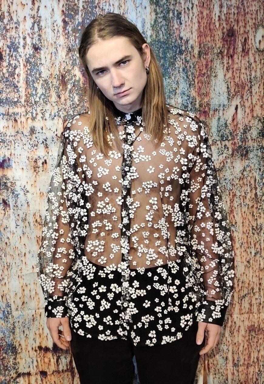 Transparent shirt daisy patterned seethrough blouse mesh top