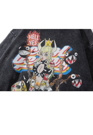 Anime print hoodie grunge pullover I-girl top in acid grey