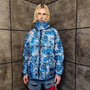 Paisley bomber handmade detachable bandanna puffer tie-dye jacket cashew print coat two sided jacket in blue