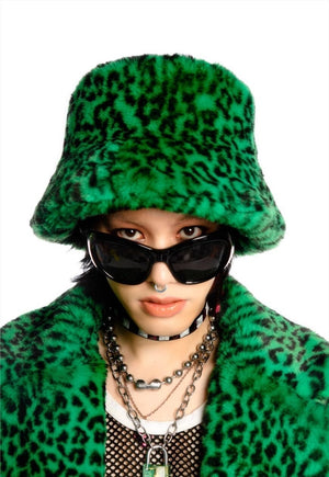 Leopard bucket hat faux fur fluffy animal hat rave cap green