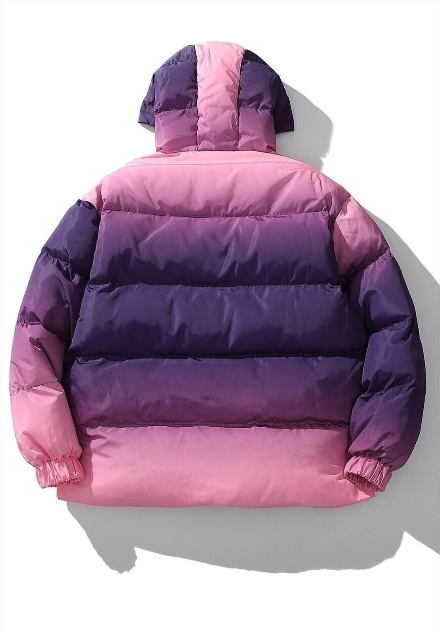 Tie-dye bomber gradient puffer jacket in faded purple pink