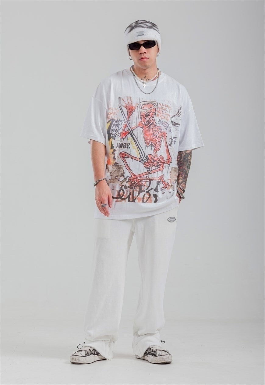 Skull print t-shirt skeleton tee retro bones top in white