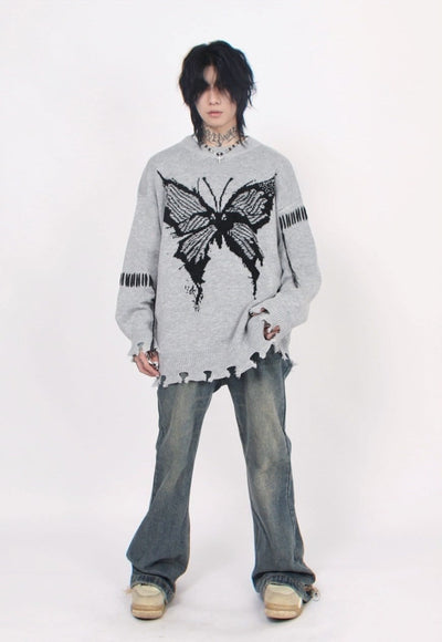 Distressed knitted jumper butterfly sweater ripped top grey