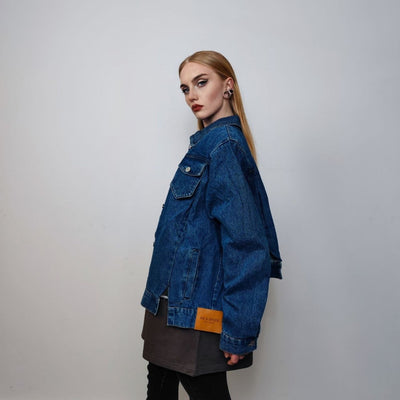 Asymmetric denim jacket reworked grunge jean bomber stitched raver coat unisex premium biker jacket skater top in blue