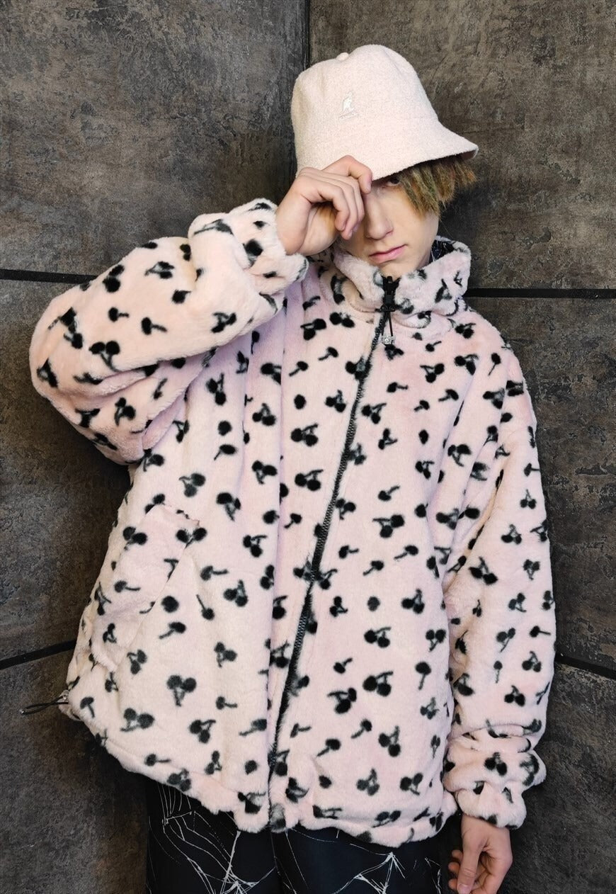 Reversible cherry fleece jacket handmade fruit coat in pink