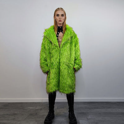 Shaggy faux fur longline coat neon trench bright raver bomber fluffy winter fleece luminous festival jacket burning man fuzzy coat in green