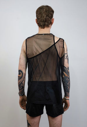 Transparent tank top two layer see-through vest in black