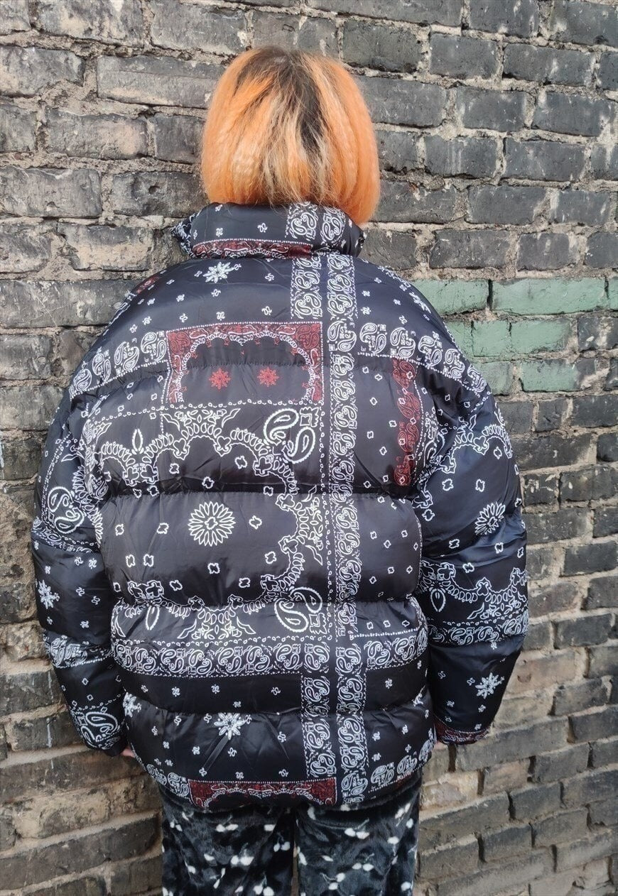Paisley bomber tie-dye bandanna print scarf puffer jacket