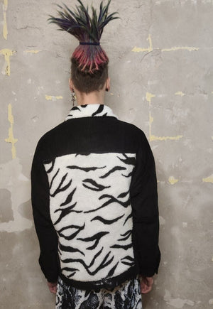 Reworked animal print jacket zebra fleece patch bomber black