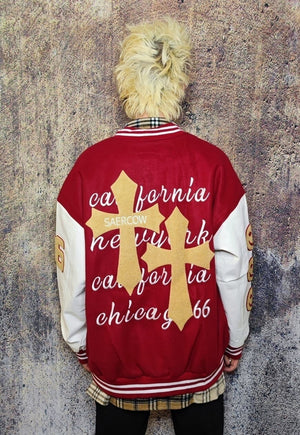 Emoji patch varsity jacket college baseball bomber in red