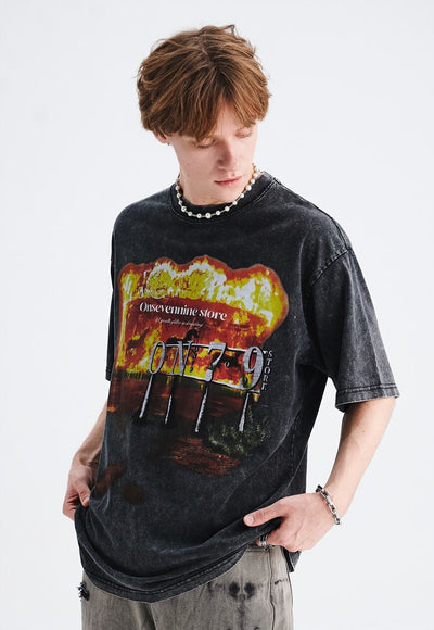 Flame print t-shirt burning circus tee retro punk top grey