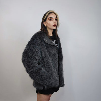 Grey faux fur jacket luxury collarless coat faux leather lapel bomber grunge fleece imitation overcoat short fluffy catwalk fox fur peacoat