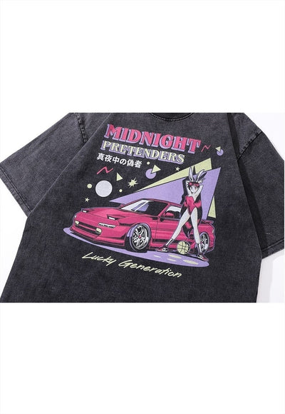 Racing t-shirt Japanese cartoon tee retro car print top grey