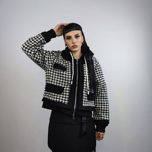 Hounds-tooth cropped jacket woolen dog-tooth bomber crop rocker check coat hooded varsity in black