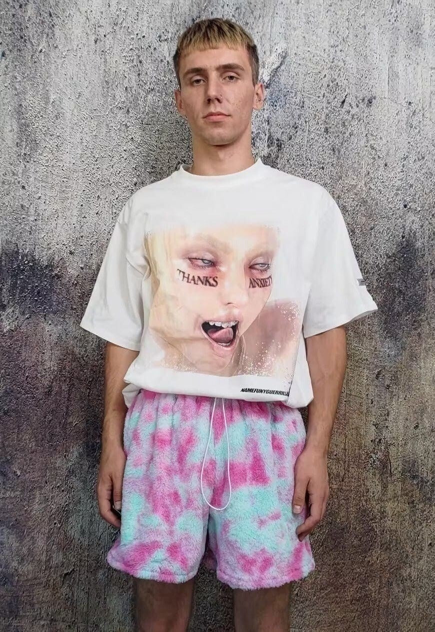 Tie-dye fleece shorts handmade gradient overalls in pink