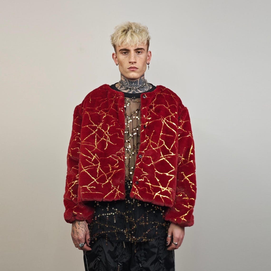 Collarless going out coat red gold glitter trench shiny embellished fleece jacket detachable sleeves handmade party overcoat festival set