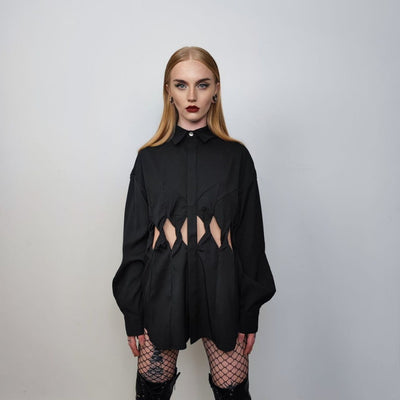 Cut out shirt long sleeve geometric hole top mesh blouse see-through oversize gothic top bondage sweatshirt crotchet jumper in black