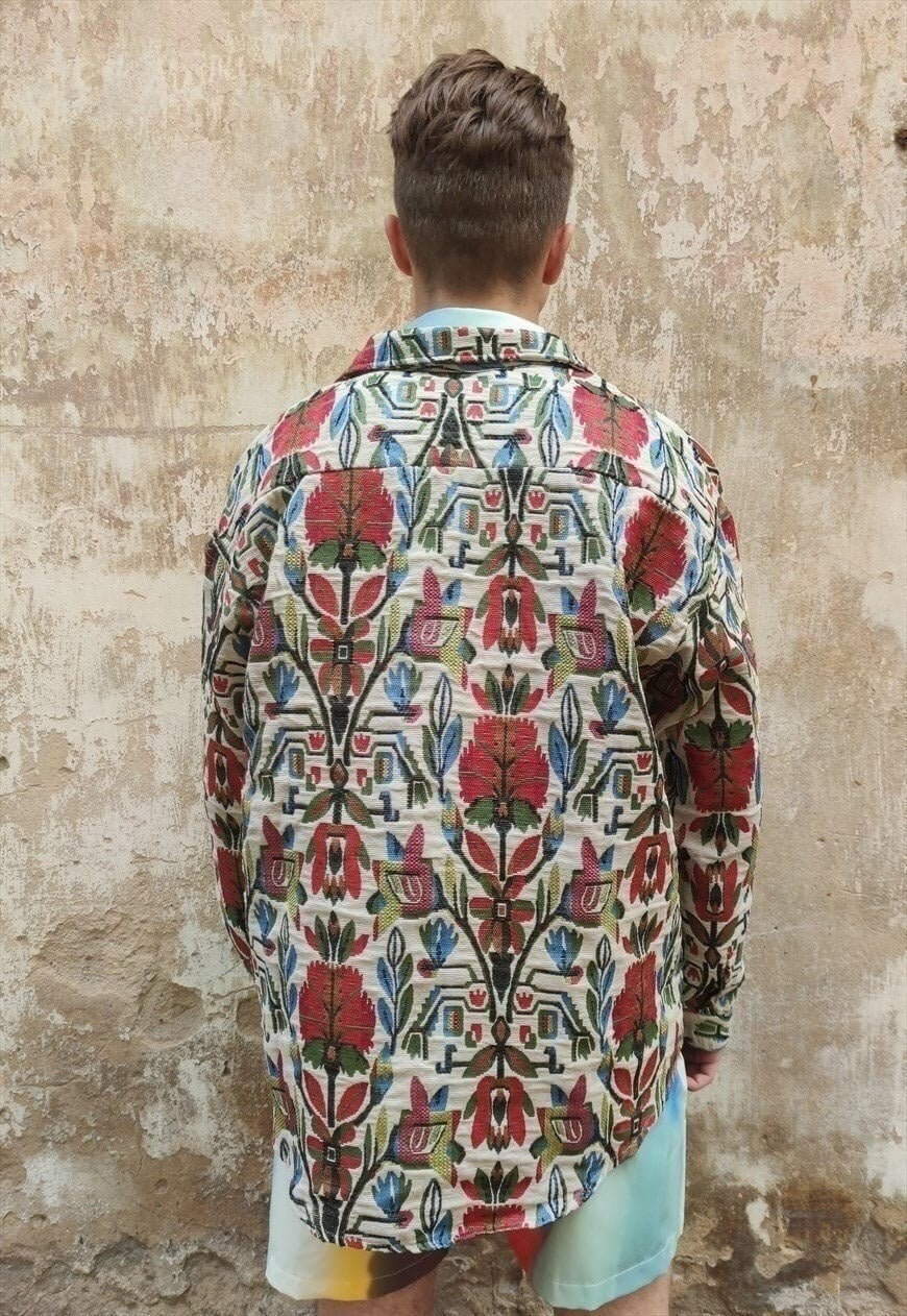 Aztec print thick shirt loose retro floral jacket in brown