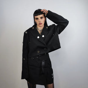 Cropped military jacket navy bomber metal patchwork army varsity utility biker jacket gorpcore short punk coat in black