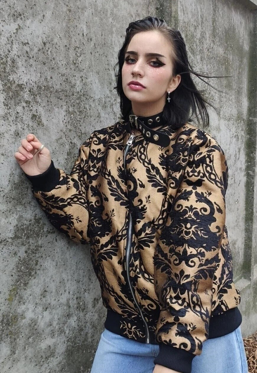 Embroidered paisley varsity jacket bandana bomber in golden