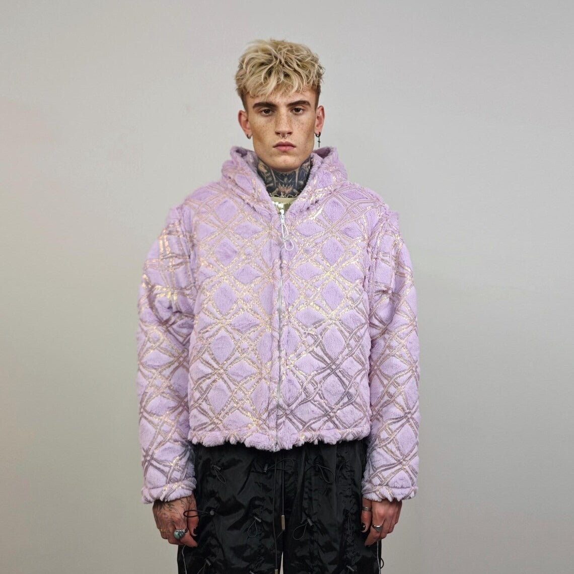 Cropped going out coat purple gold glitter jacket shiny embellished fleece bomber detachable sleeves handmade party trench festival set