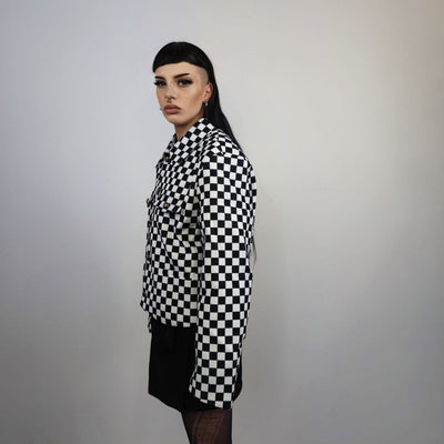 Button up check bomber jacket Chequerboard varsity SKA aviator chess pattern coat in black and white