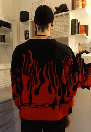 Flame knitted sweater red fire boxy fit knitwear jumper red