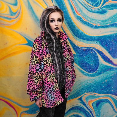 Leopard fleece jacket fluffy rainbow track jacket faux fur animal print bomber festival jacket  rainbow coat pride jacket in pink purple