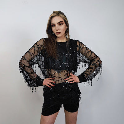 Transparent sequin top gold embellished mesh sweatshirt sheer blouse grunge catwalk jumper party see-through top festival glitter tee black