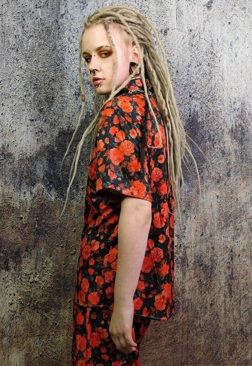 Rose shirt floral print short sleeve top in red black