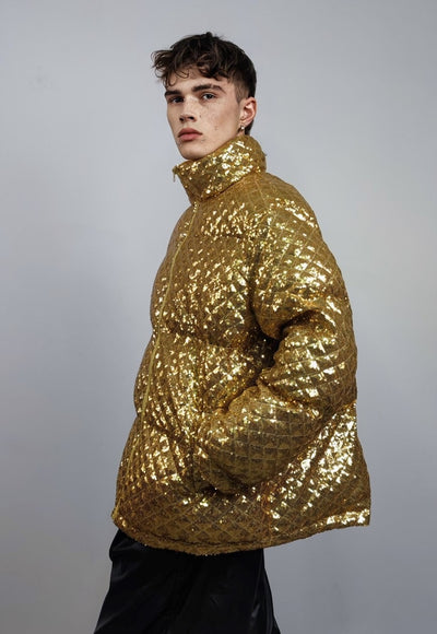 Sequin bomber jacket gold metallic embellished party puffer