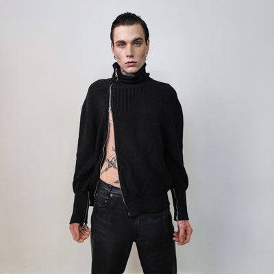 Utility turtleneck grunge punk sweater raised neck knitted top extreme zippers gorpcore jumper high fashion catwalk sweatshirt in black