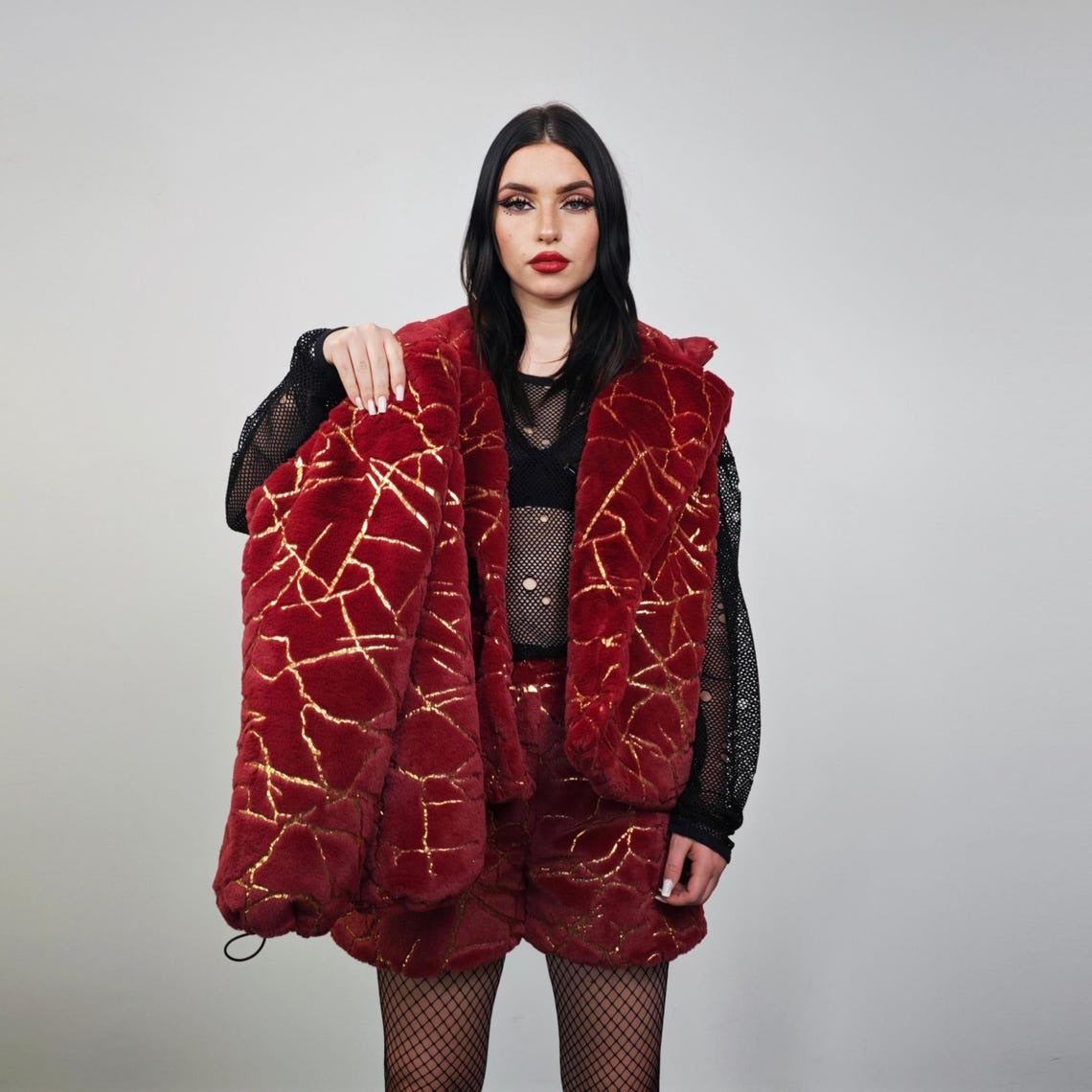 Cropped going out coat red gold glitter trench shiny embellished fleece jacket detachable sleeves handmade party overcoat festival set