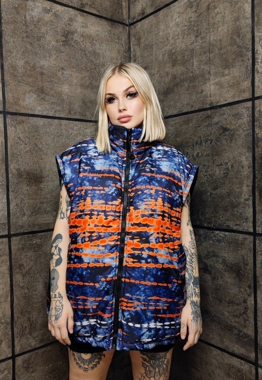 Tie-dye bomber handmade detachable graffiti puffer devil horn jacket abstract gradient print reversible coat in blue orange