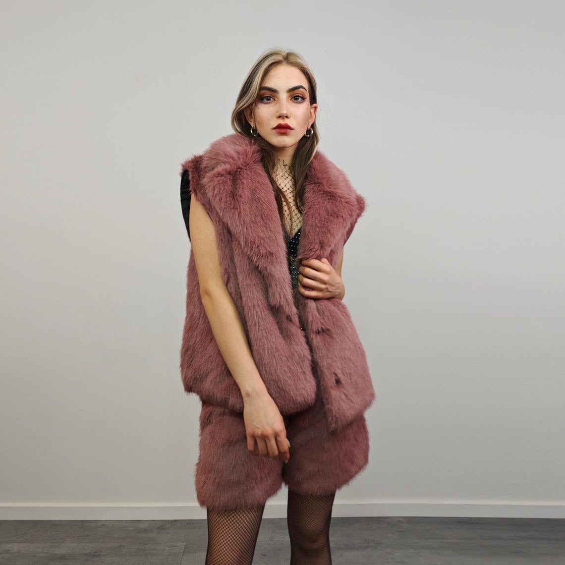 Brown faux fur coat shaggy cropped trench short going out jacket fuzzy grunge detachable sleeves handmade luxury festival overcoat fleece